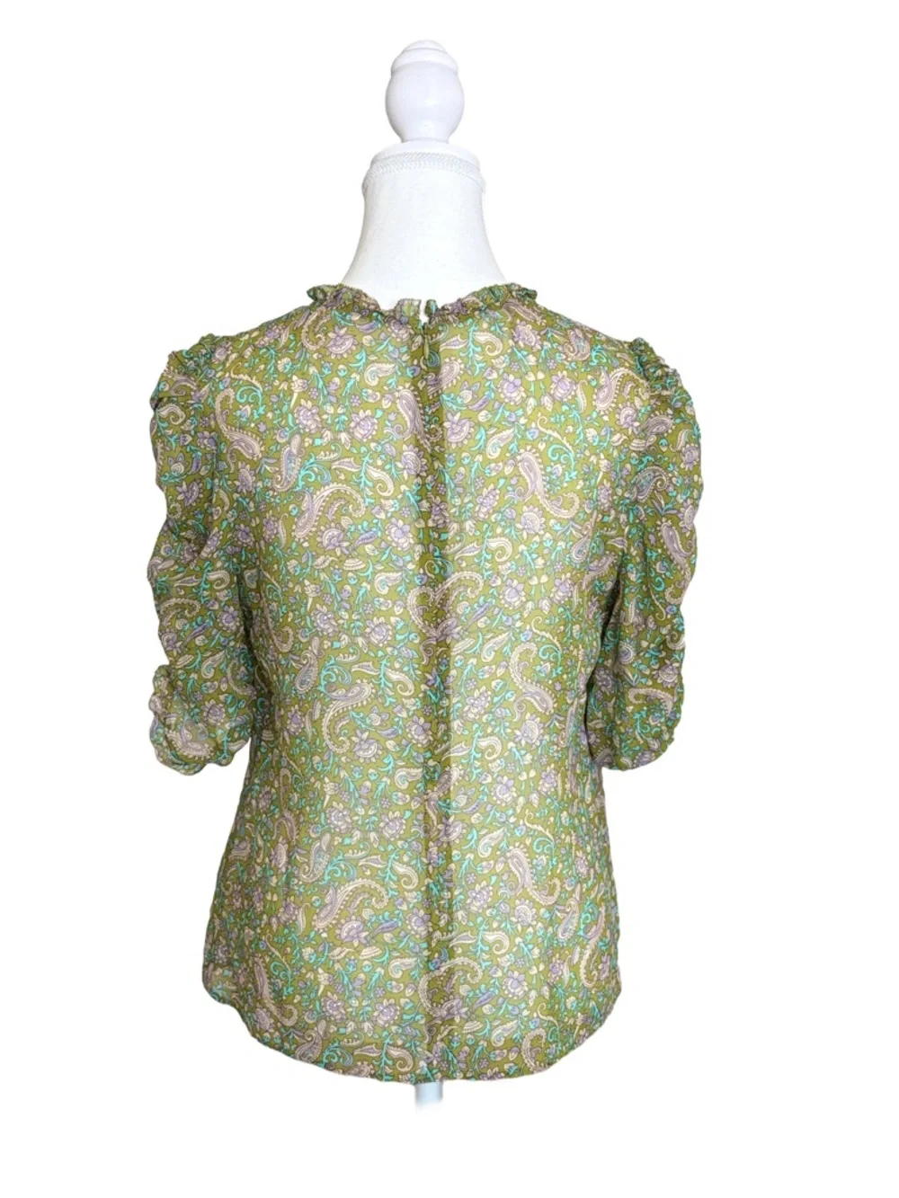 Veronica Beard Silk Paisley Blouse Green Ruffle Sleeve Top Size 8 - Picture 5 of 7